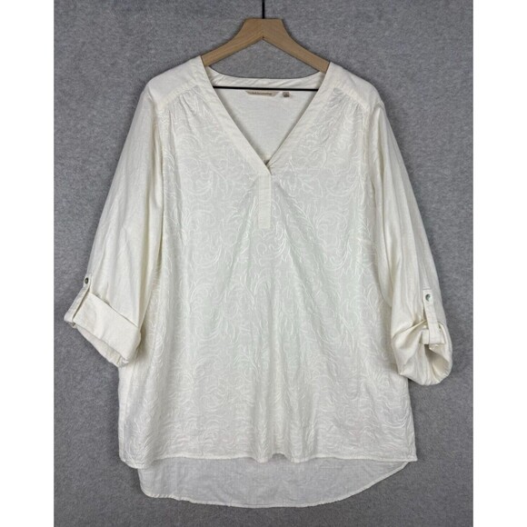 Soft Surroundings Shirt Womens 1X Beige Embroidered Linen Blend Preppy - Picture 1 of 10